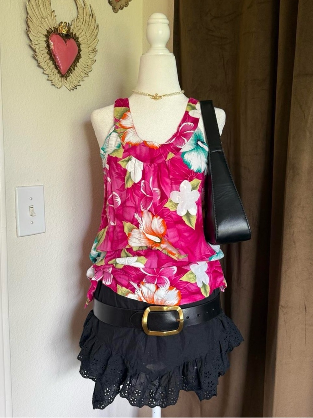 Tropical Floral Halter Tank Top - Fuchsia Pink